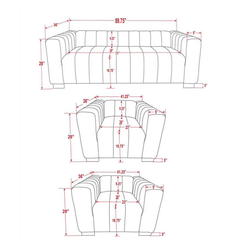 Gray Velvet Fabric Sofa and 2 Armchairs Set C9947