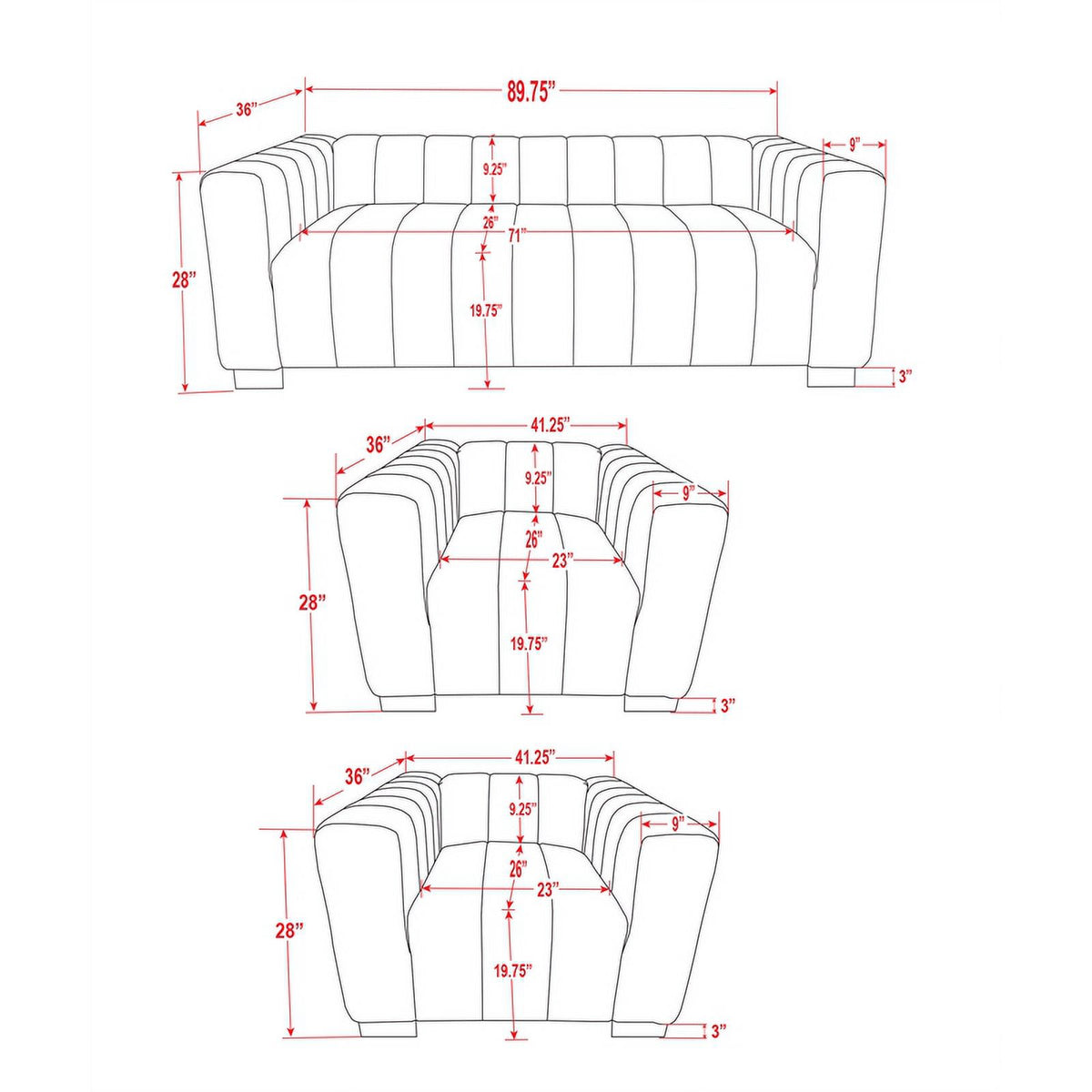 Gray Velvet Fabric Sofa and 2 Armchairs Set C9947