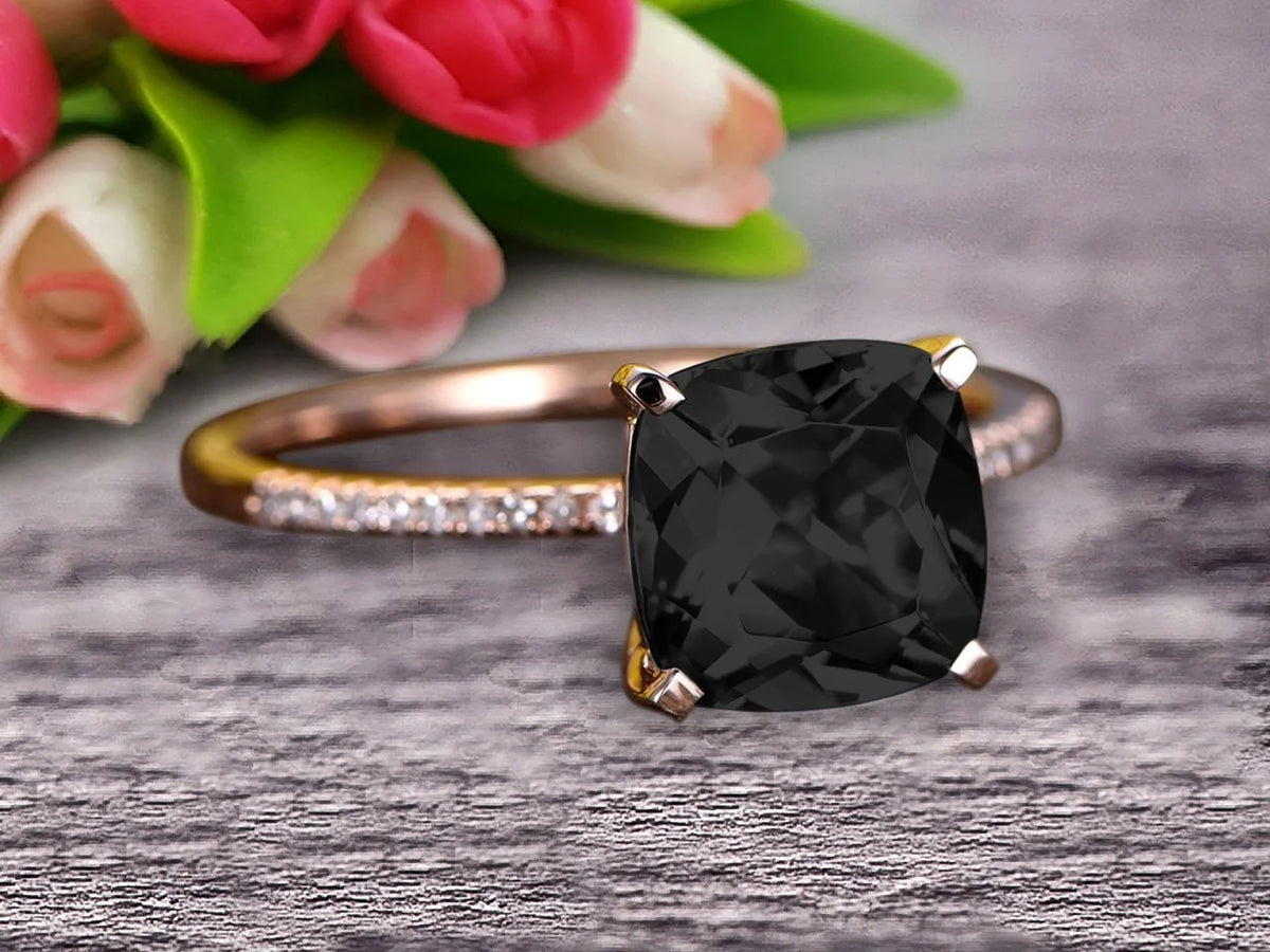 Art Deco Cushion Cut Black Diamond Moissanite Wedding Engagement Ring B3400