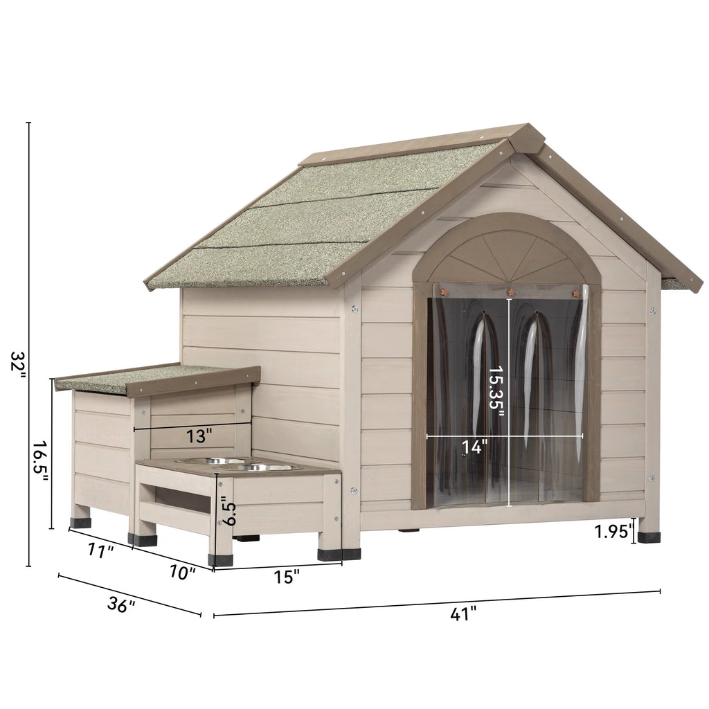 Outdoor Wood Dog House with Feeding Station and Storage Box Z89891