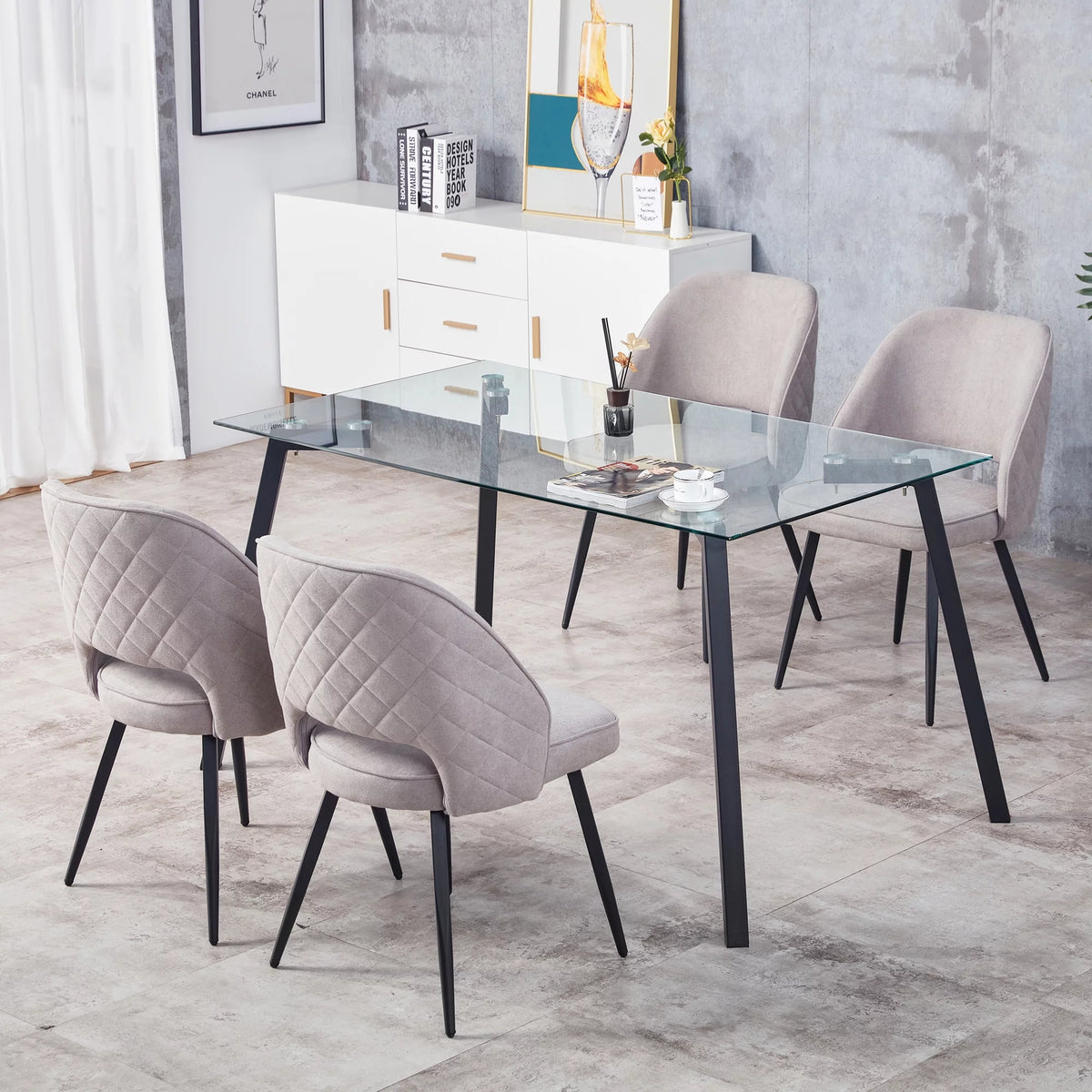 Rectangular Glass Dining Table for 4-6 with Tempered Glass Tabletop and Black Metal Legs S20750