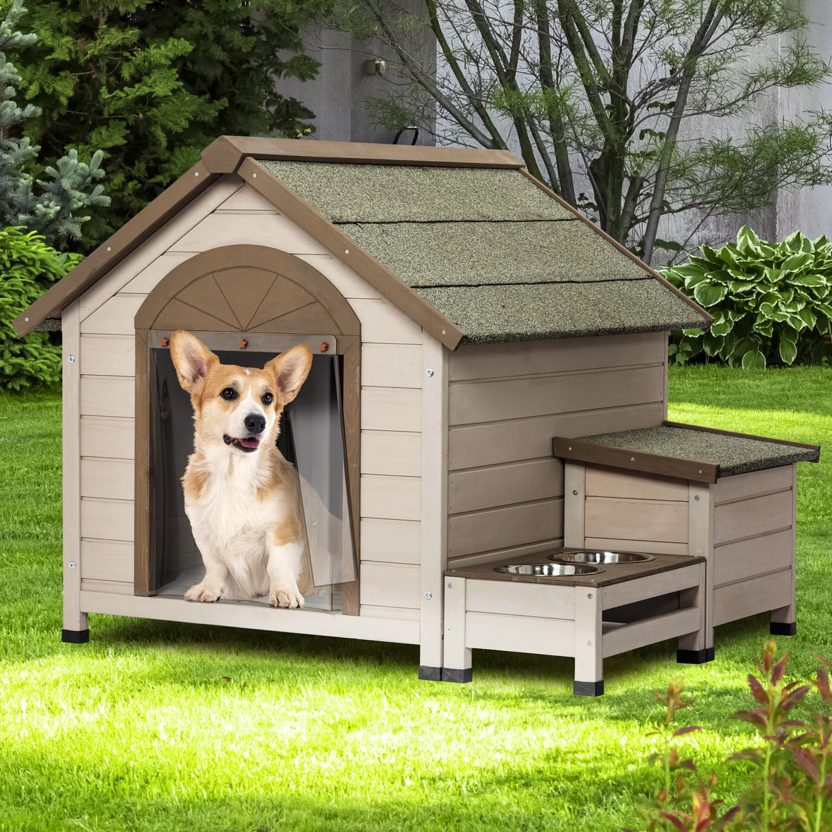 Outdoor Wood Dog House with Feeding Station and Storage Box Z89891
