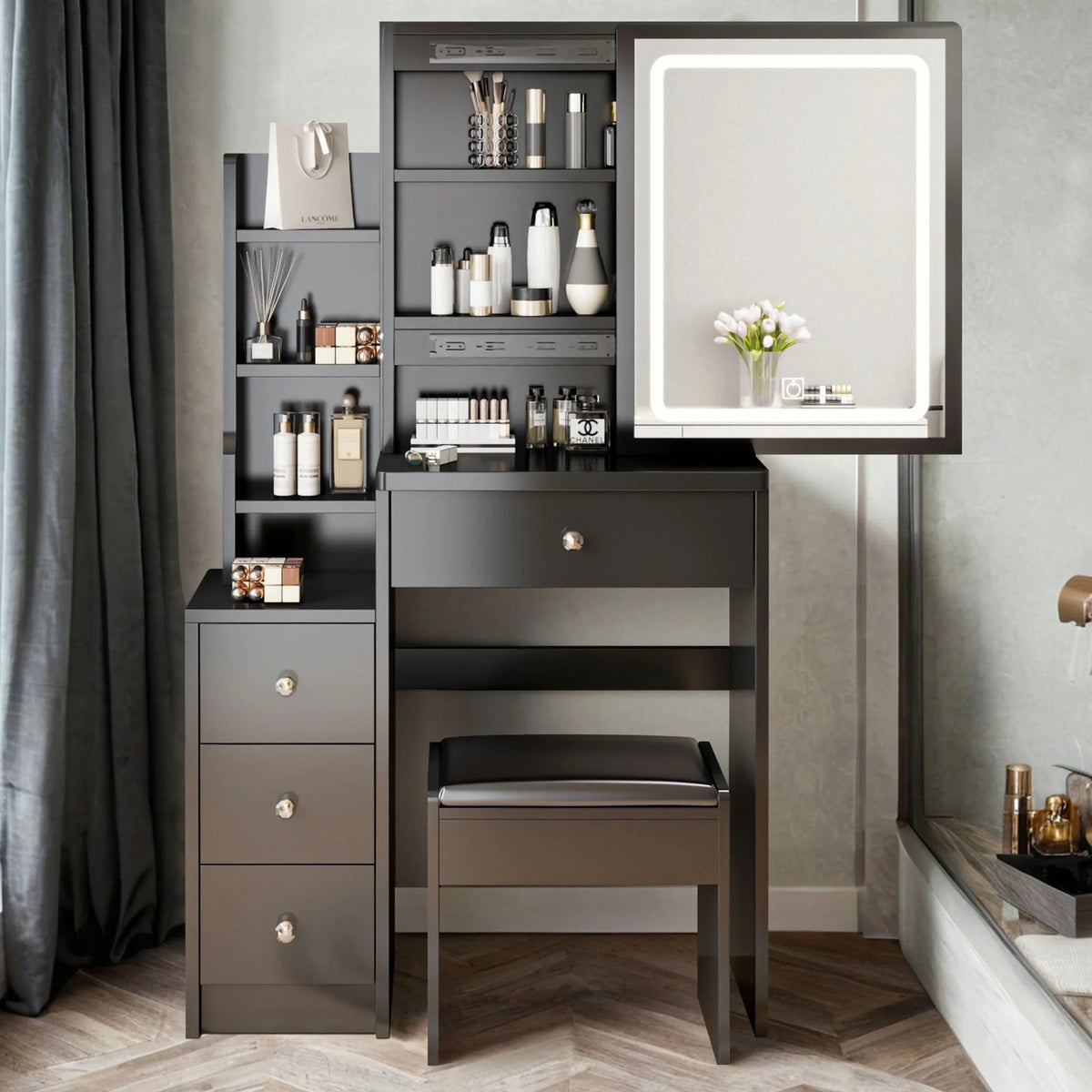 White Vanity Table with Lighted Mirror and Stool M44148
