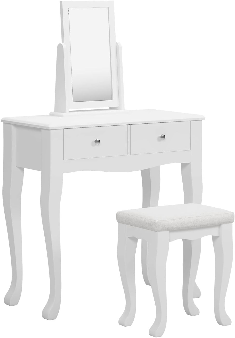 White Wooden Vanity Dressing Table with Mirror and Stool, 2 Drawers Y7946