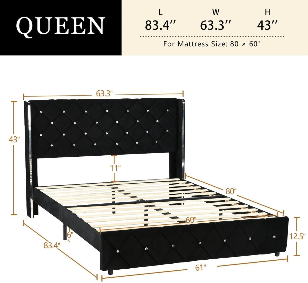Queen Size Upholstered Platform Bed Frame with Wingback Headboard F430123