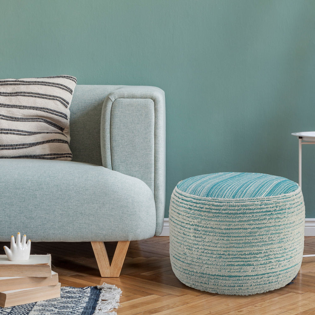 Aqua Blue and White Distressed Round Pouf Ottoman D812781