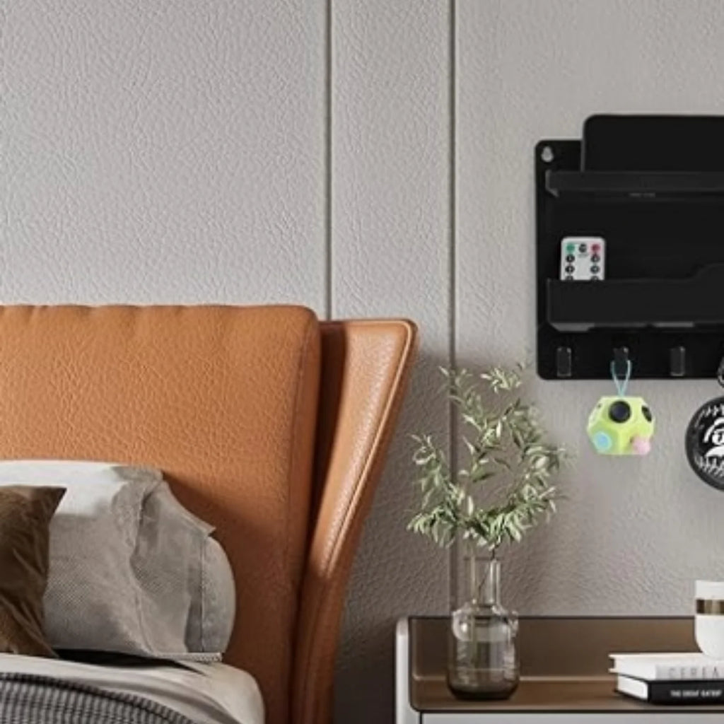 Black Plastic Wall Mount Shelf with Hooks and Cable Clips C471033