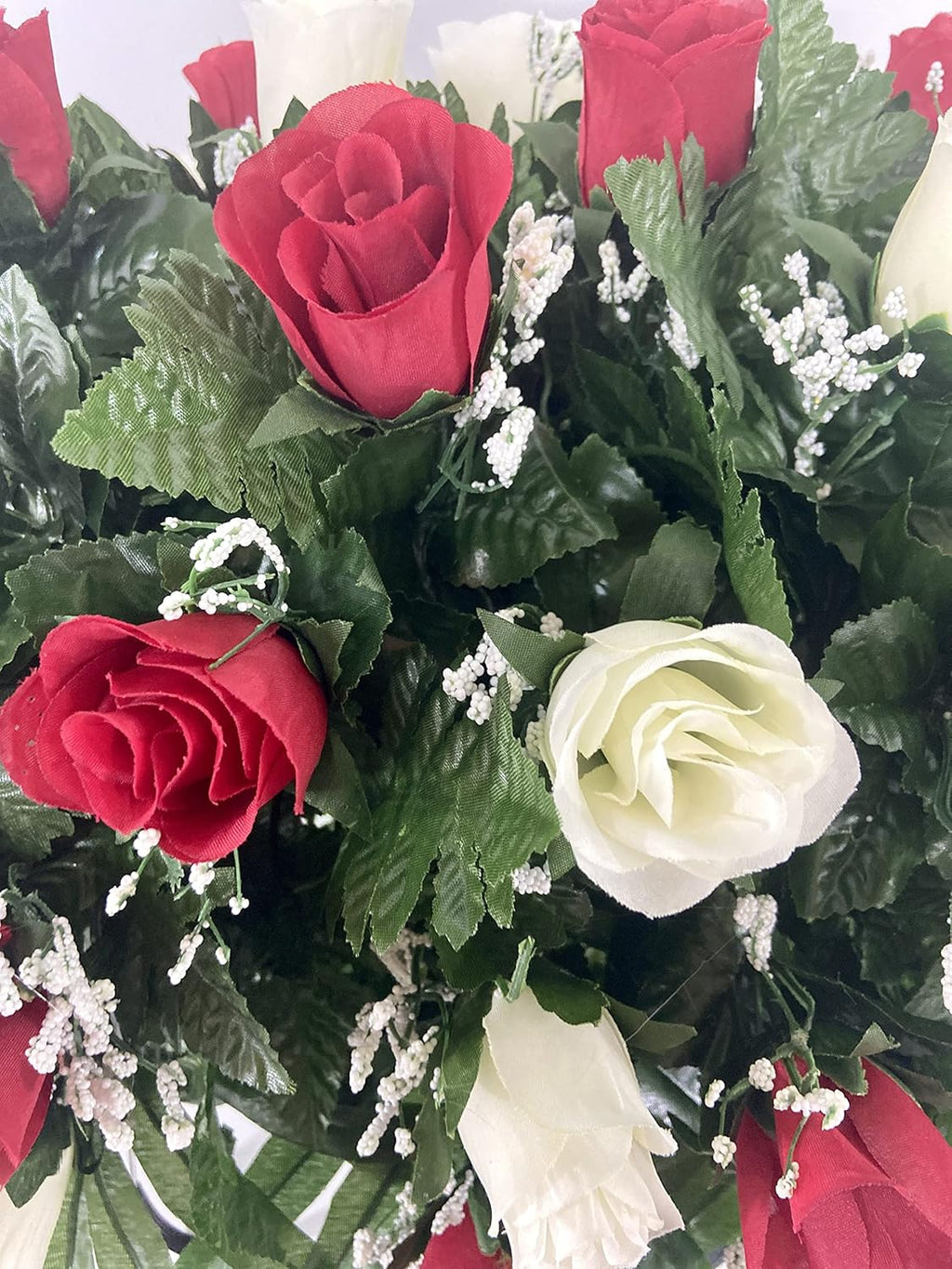 Red and Cream Roses Cemetery Headstone Saddle Flower Arrangement J8523