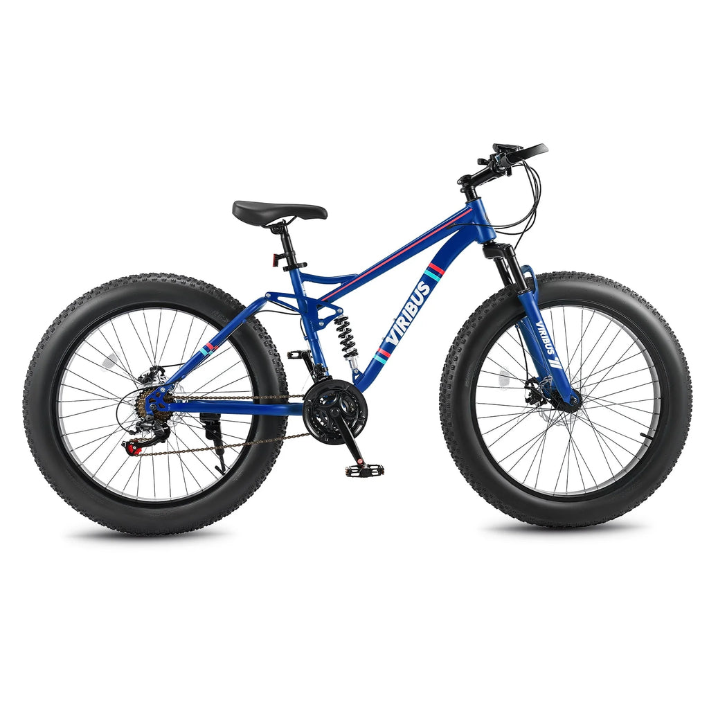 26 Fat Tire Full Suspension Mountain Bike with 21 Speeds Disc Brakes Blue H65337
