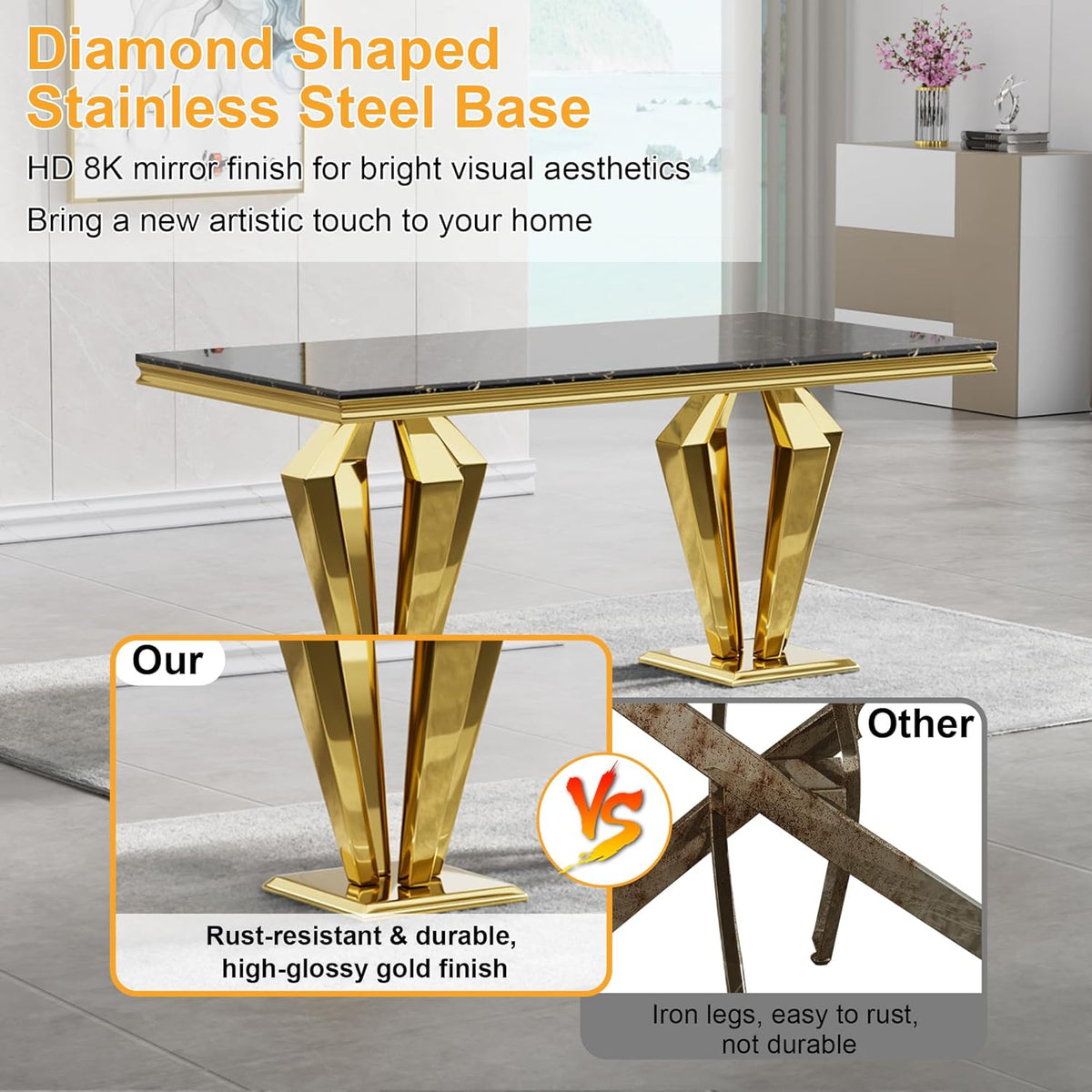 70" Black Gold Marble Dining Table Set with 6 PU Leather Chairs G483563
