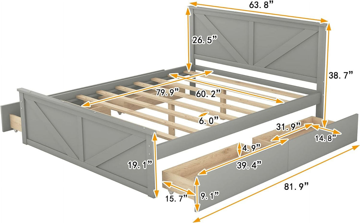 Gray Queen Wood Platform Bed with 4 Storage Drawers M922873