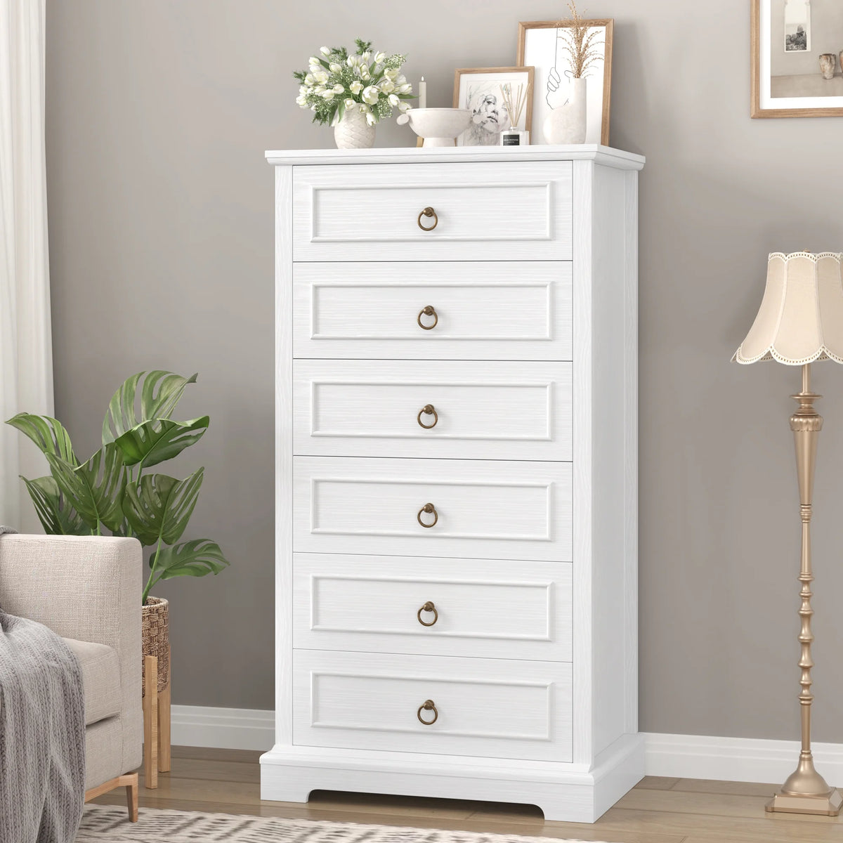 White 6 Drawer Tall Wood Dresser F8296