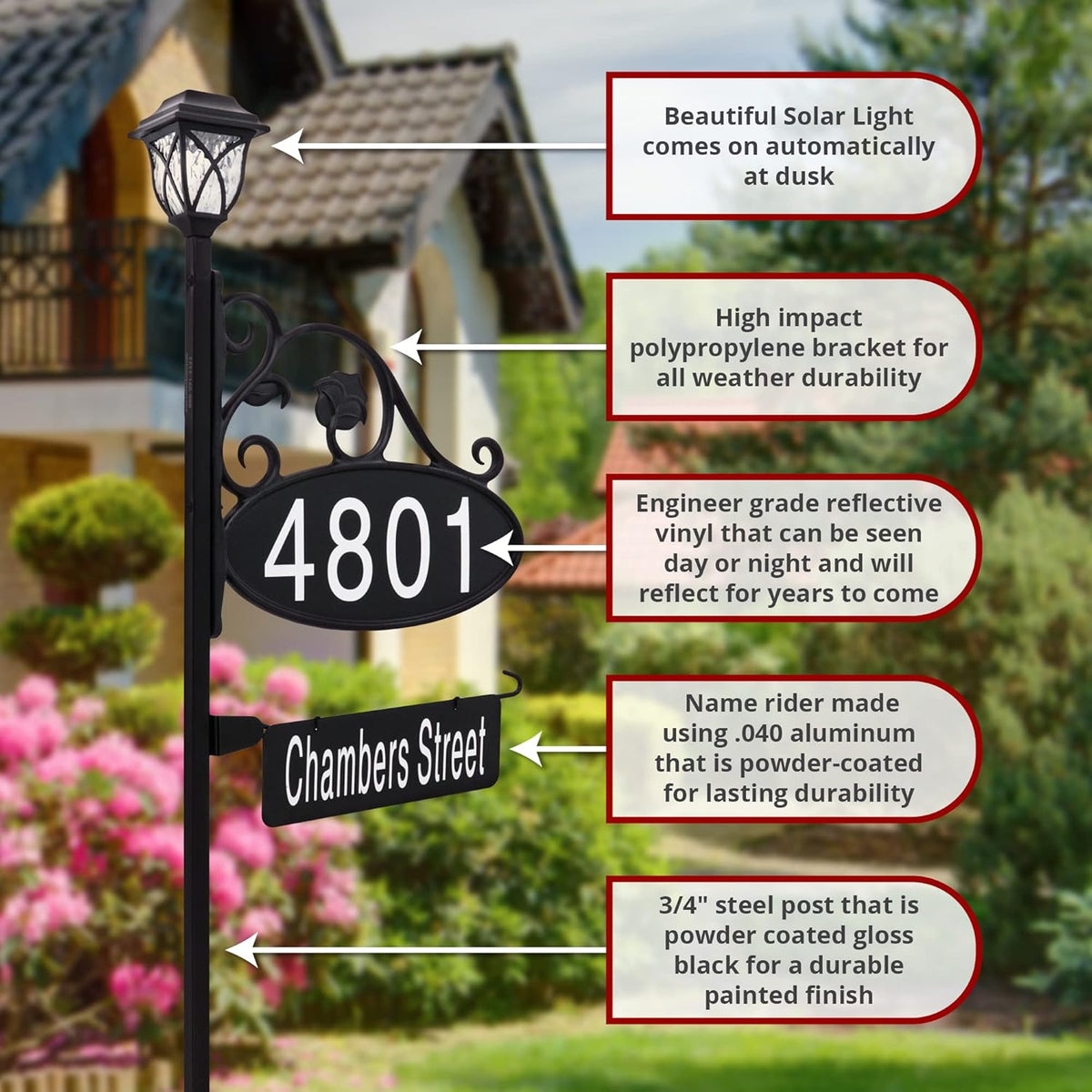 Handcrafted Oval Reflective Home Address Sign with Name Rider and Solar Light B79152