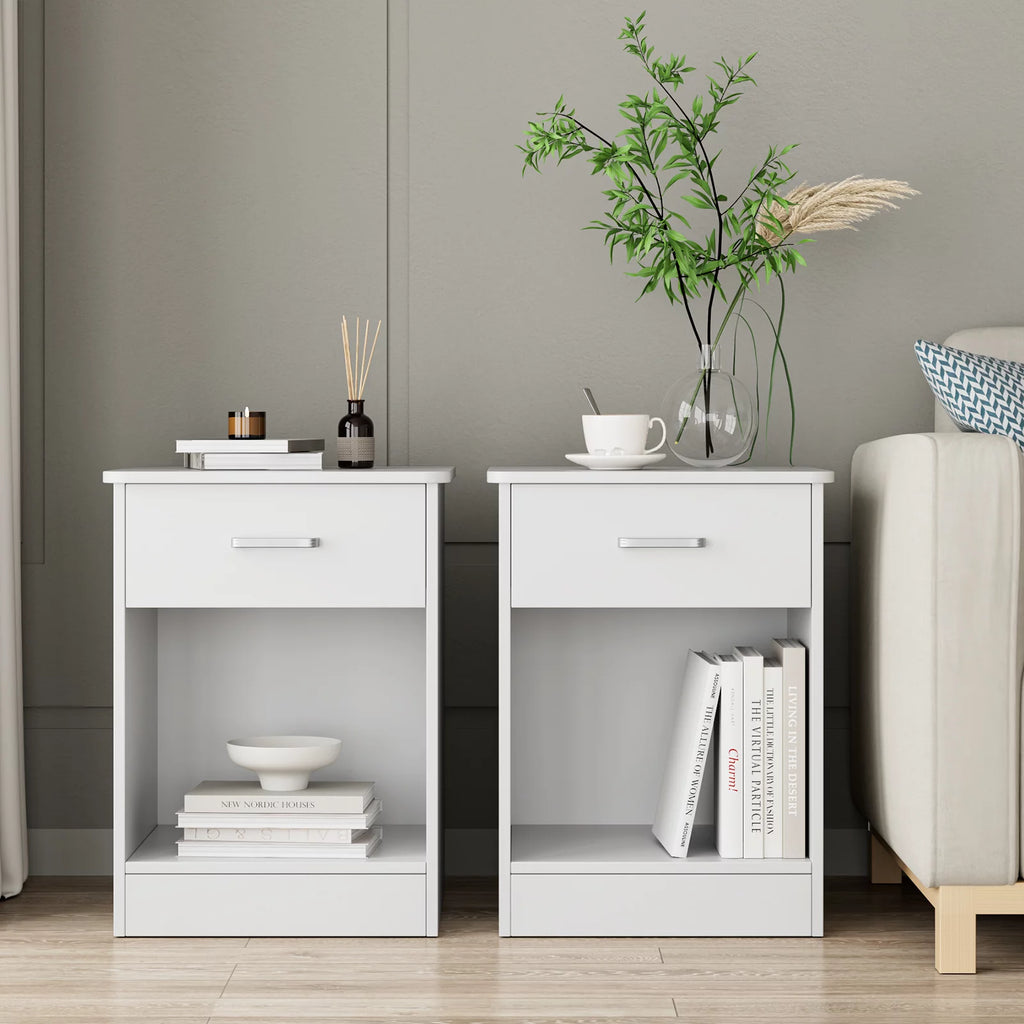 White 2-Tier Nightstand with Drawer and Storage Shelf, Set of 2 U898