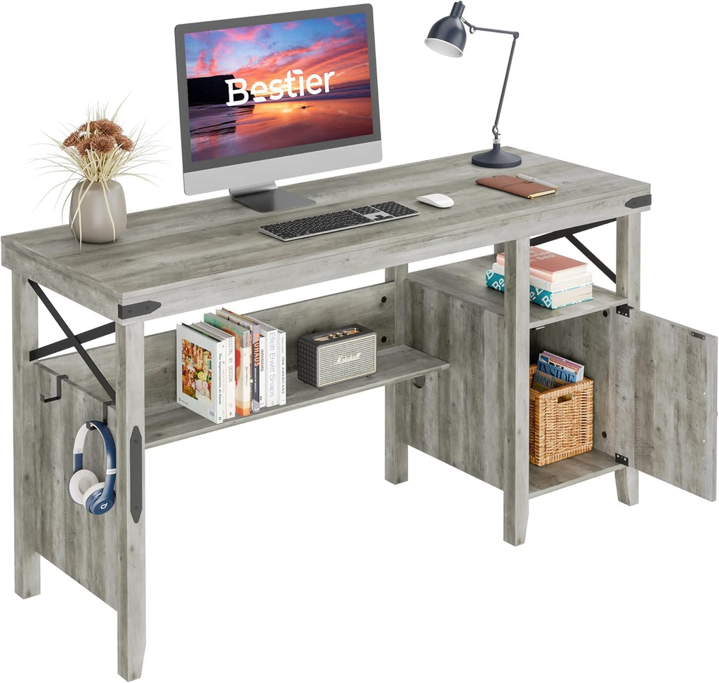 Gray Farmhouse Computer Desk with Storage Cabinet and Bookshelf E13037