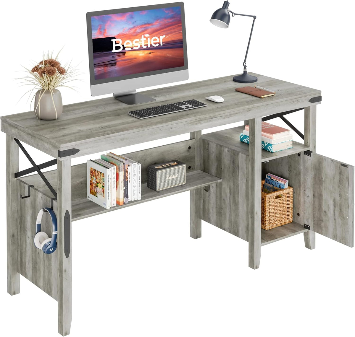 Gray Farmhouse Computer Desk with Storage Cabinet and Bookshelf E13037