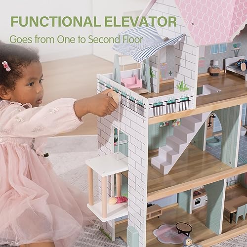 Large Pink Wooden Dollhouse with 15 Pcs Furniture & 3 Dolls H920
