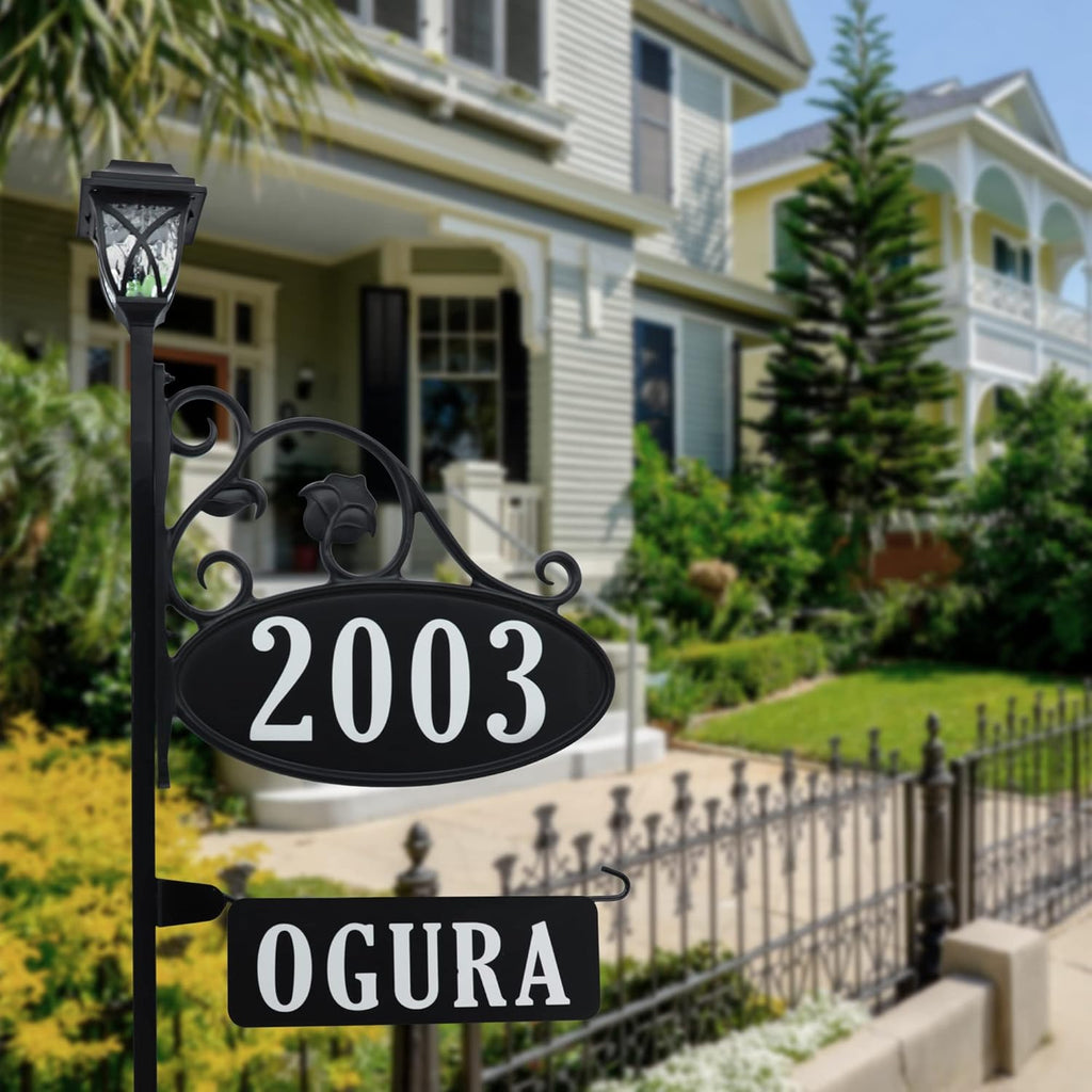 Handcrafted Oval Reflective Home Address Sign with Name Rider and Solar Light B79152