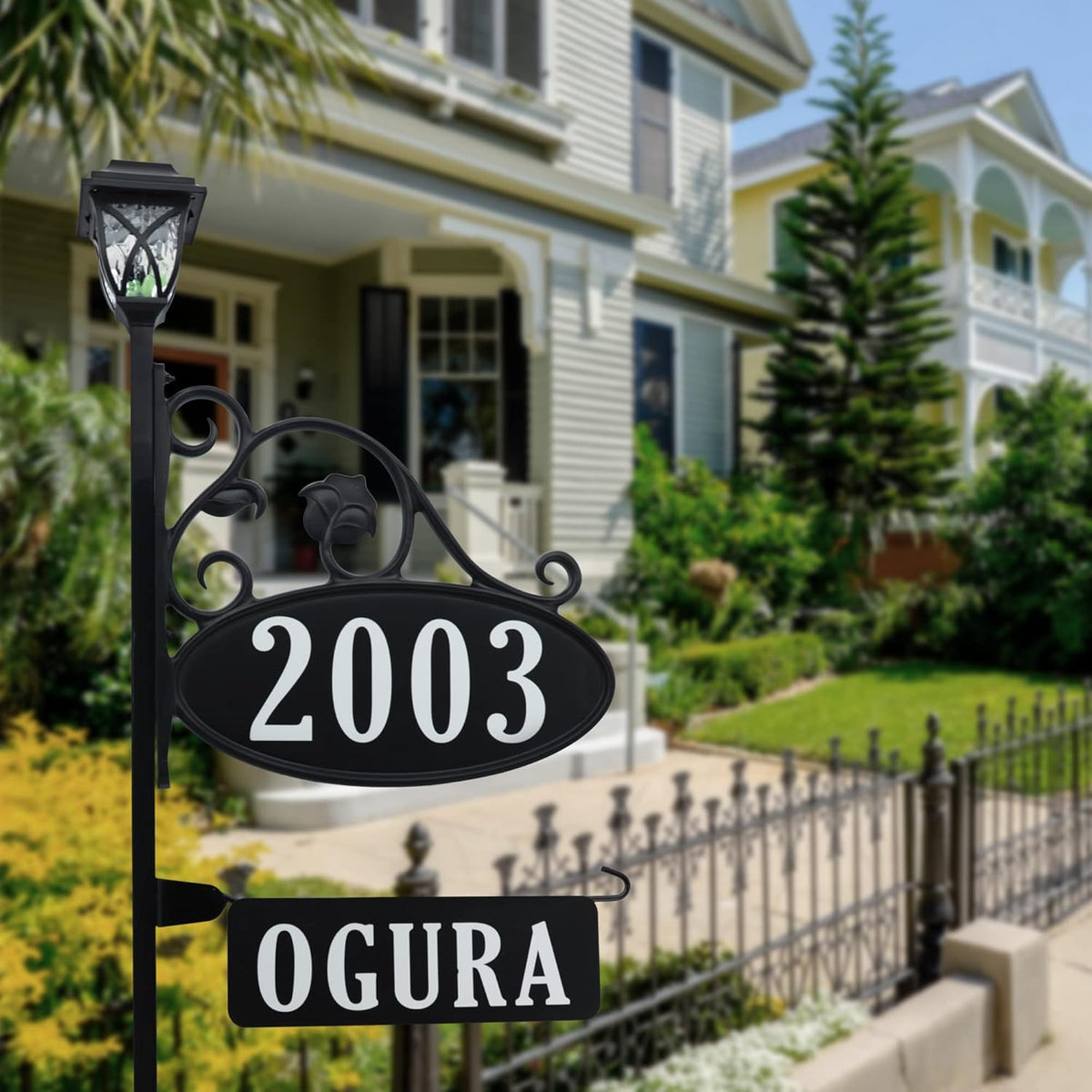 Handcrafted Oval Reflective Home Address Sign with Name Rider and Solar Light B79152