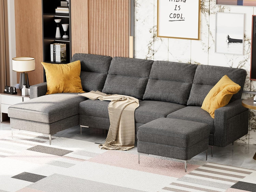 Modular U Shaped Fabric Sectional Sofa with Ottoman, 4 Seater, Metal Legs, Dark Grey E840