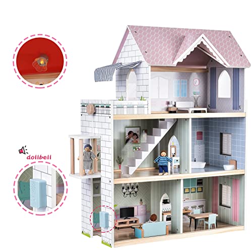 Large Pink Wooden Dollhouse with 15 Pcs Furniture & 3 Dolls H920