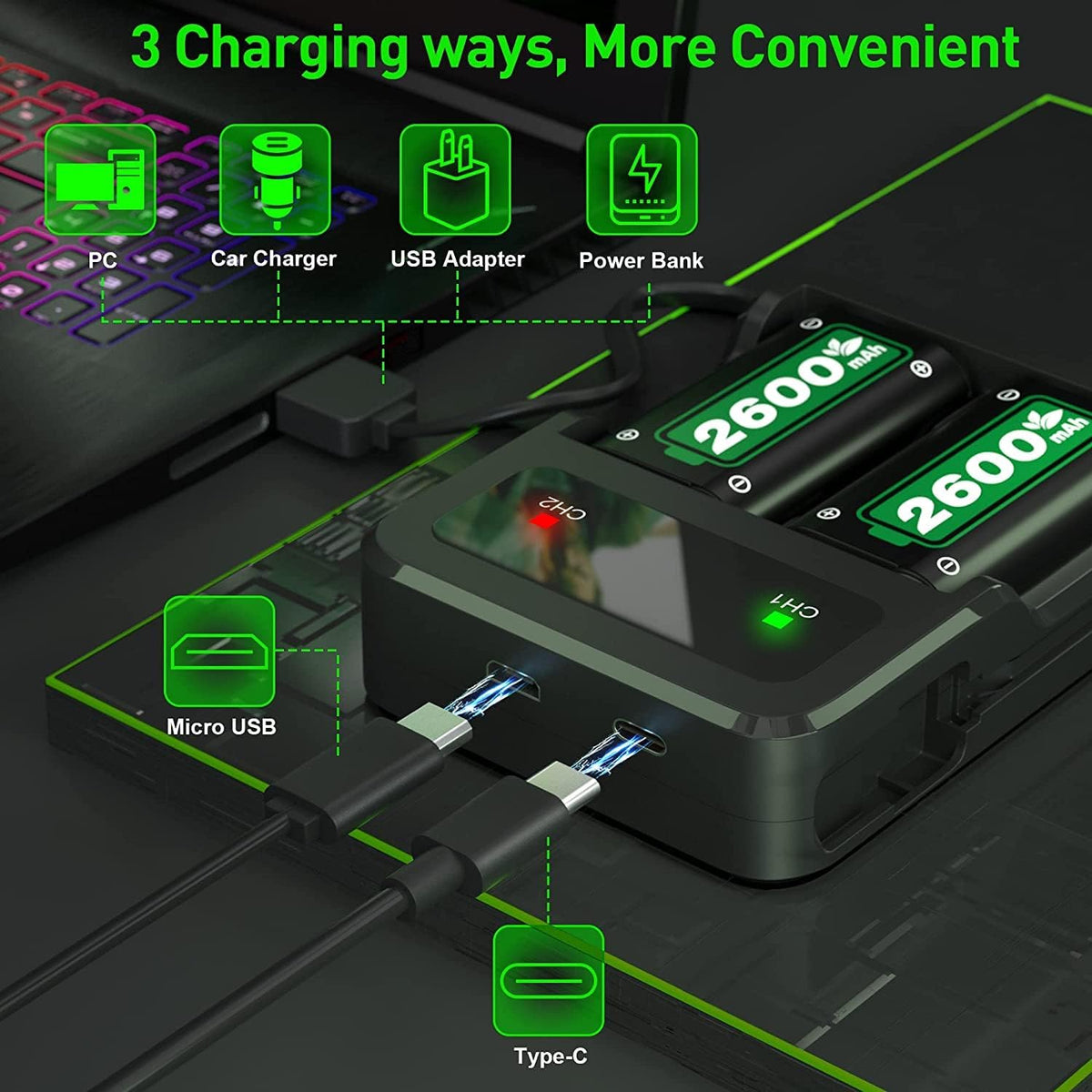 2x2600mAh Controller Battery Pack with Charger Station for Xbox E8948