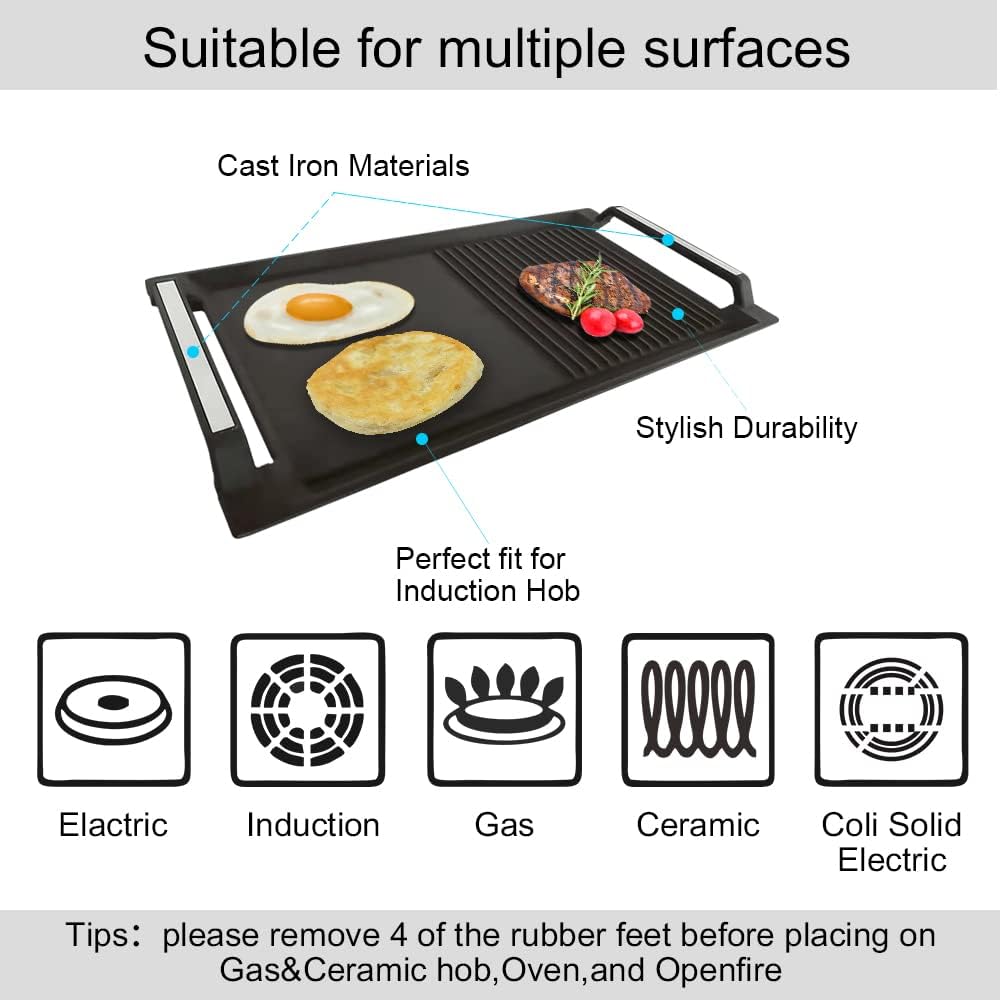Cast Iron Rectangular Griddle Pan with 2 Handles, Flat and Ridged Surface, 16.7 x 9.1inch F243986