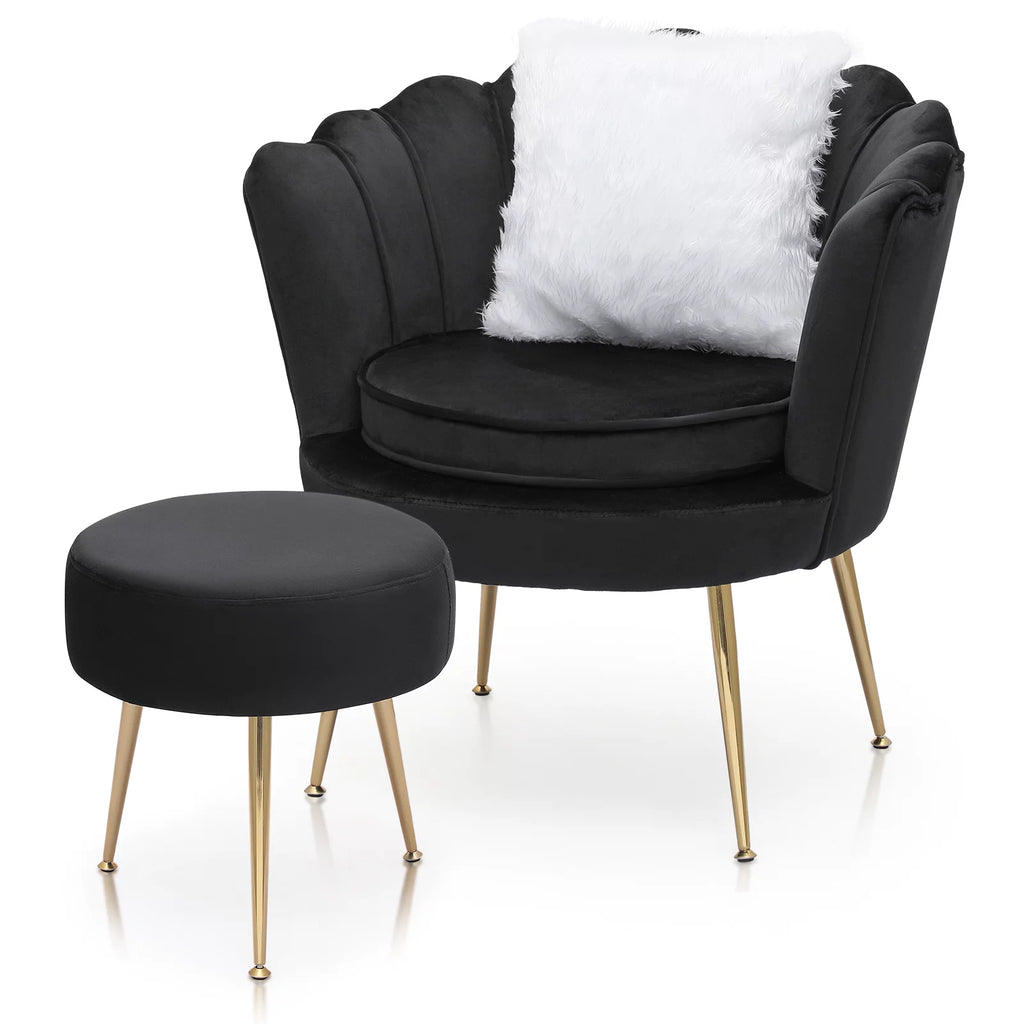 Black Velvet Tufted Accent Chair with Ottoman and Cushion I583405