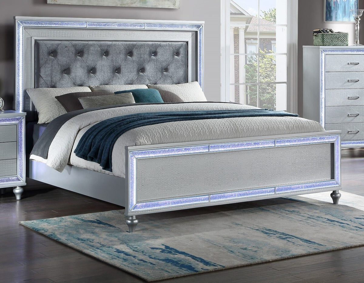 5pc King Size Upholstered Bed Dresser Mirror Nightstand Set L230