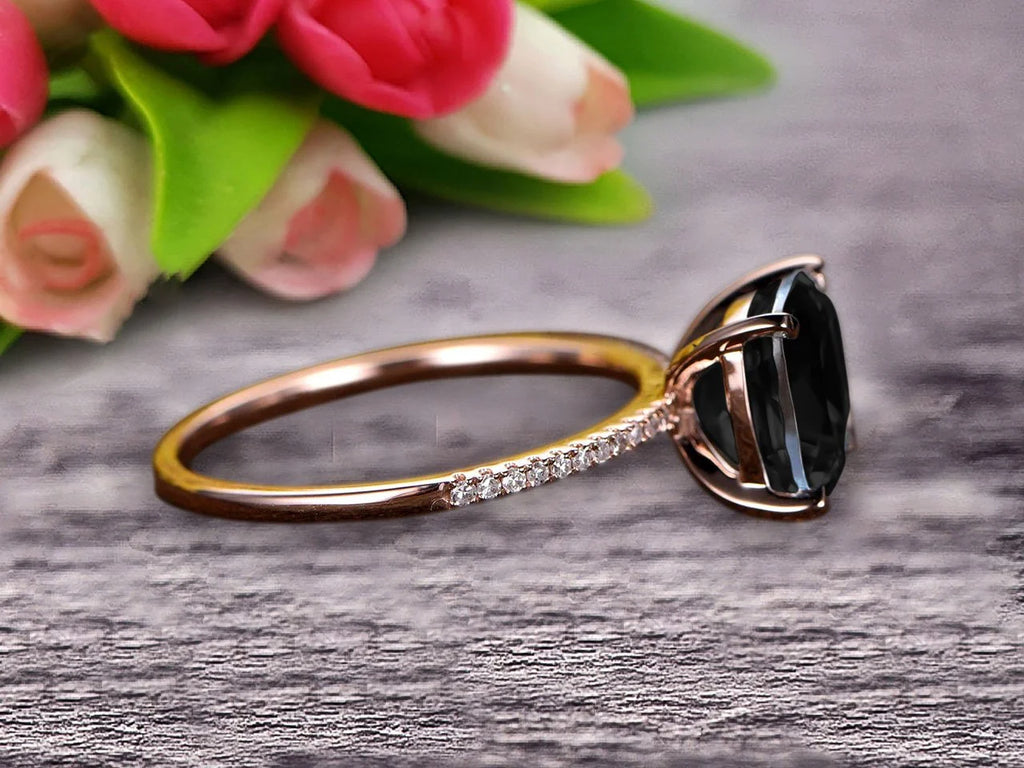 Art Deco Cushion Cut Black Diamond Moissanite Wedding Engagement Ring B3400