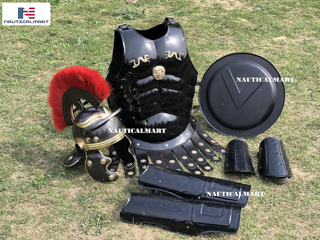 Black Medieval Muscle Body Armor Set with Helmet, Leg & Arm Guard, Shield M115664