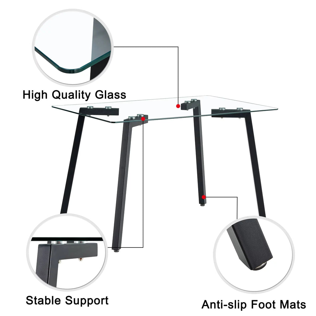 Rectangular Glass Dining Table for 4-6 with Tempered Glass Tabletop and Black Metal Legs S20750