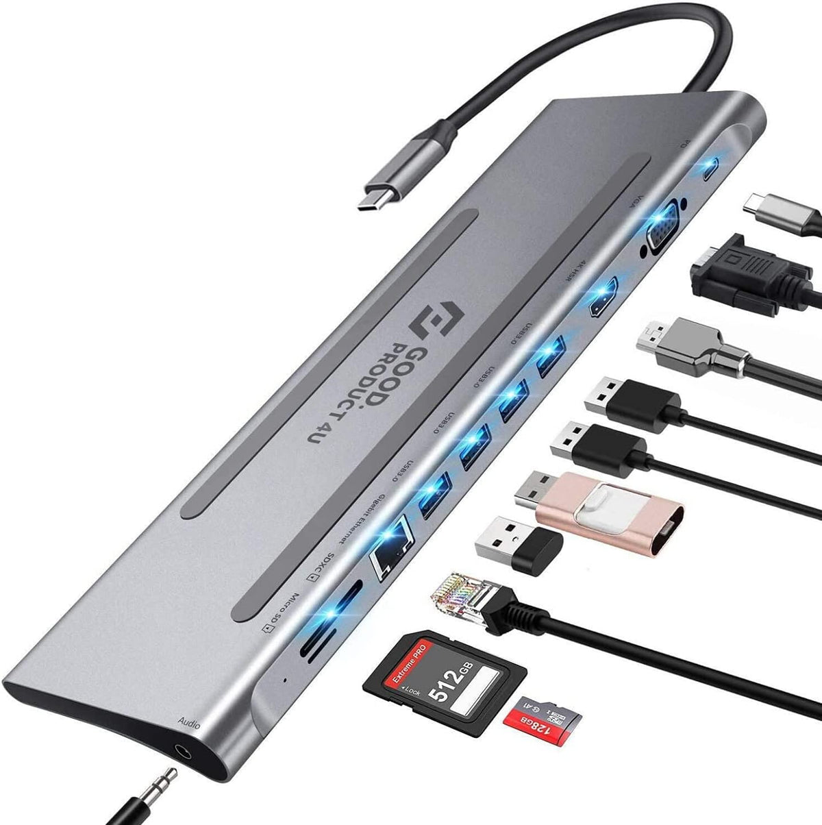 11-in-1 USB C Hub with 100W Power Delivery, 4K 60Hz HDMI, Ethernet, SD Card Reader I64154