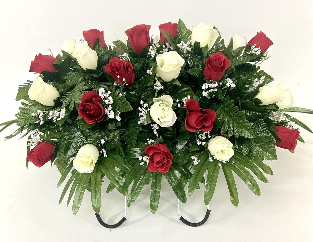 Red and Cream Roses Cemetery Headstone Saddle Flower Arrangement J8523