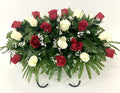 Red and Cream Roses Cemetery Headstone Saddle Flower Arrangement J8523