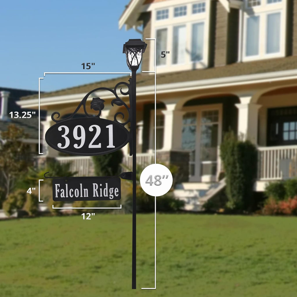 Handcrafted Oval Reflective Home Address Sign with Name Rider and Solar Light B79152