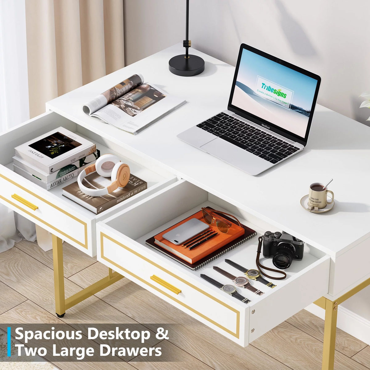 White and Gold Computer Writing Desk with 2 Drawers H636095