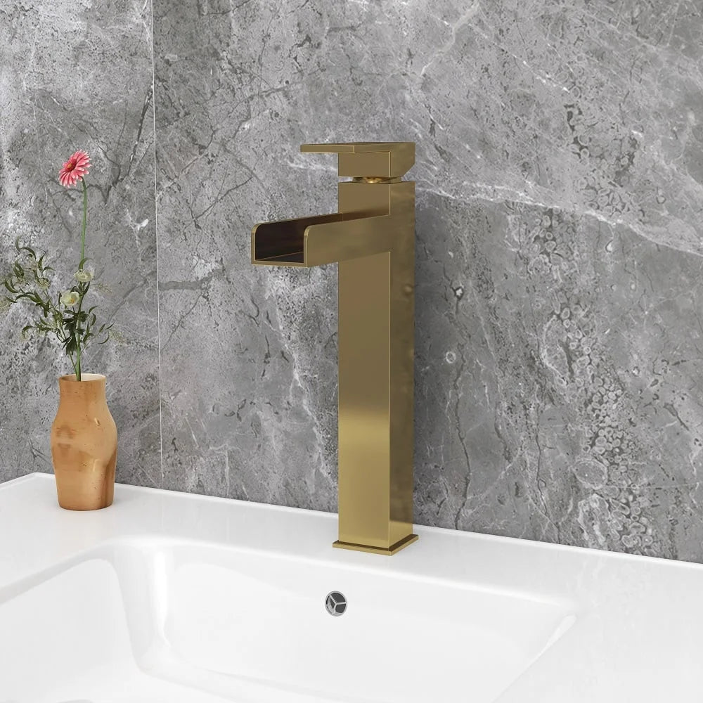 Brushed Gold Single Handle Waterfall Bathroom Vessel Sink Faucet Z97469