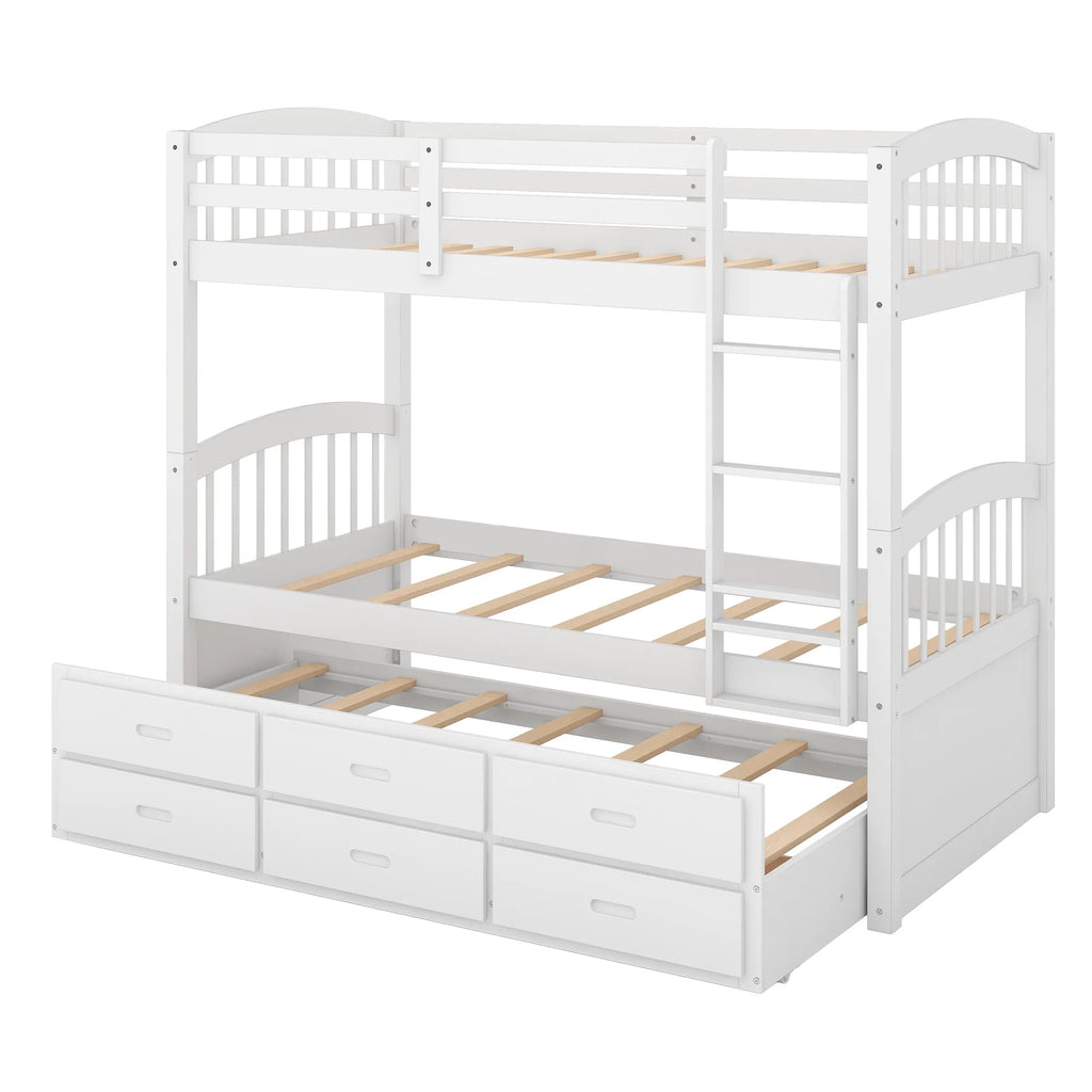 Twin Over Twin Wood Bunk Bed with Trundle and Drawers Y369