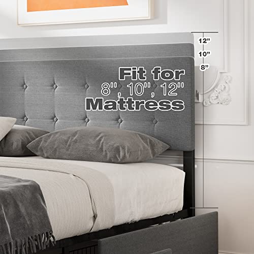 Grey Queen Size Upholstered Platform Bed Frame with 4 Storage Drawers S576616