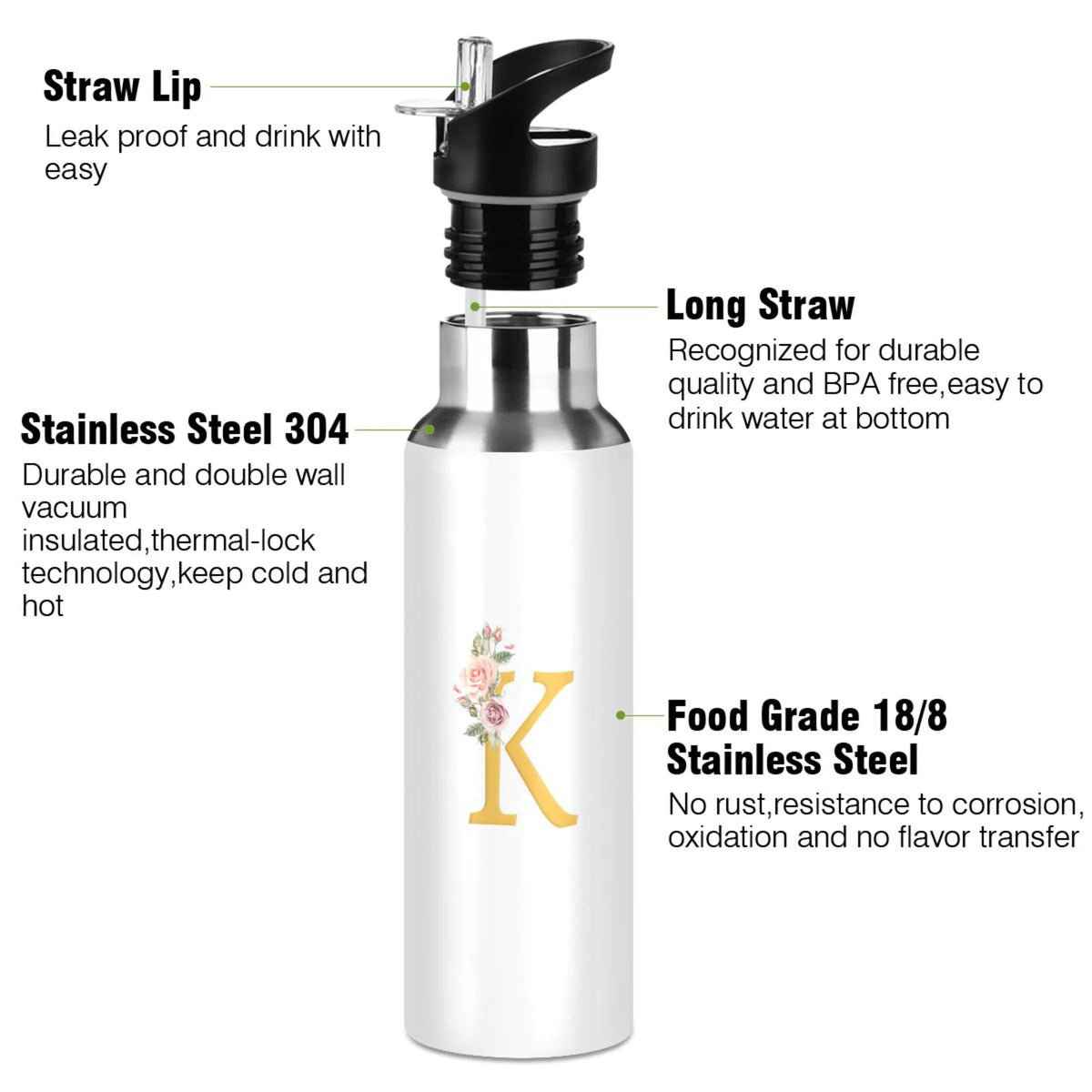 Stainless Steel Insulated Thermos Vacuum Flask Water Bottle with Straw Lid J166327