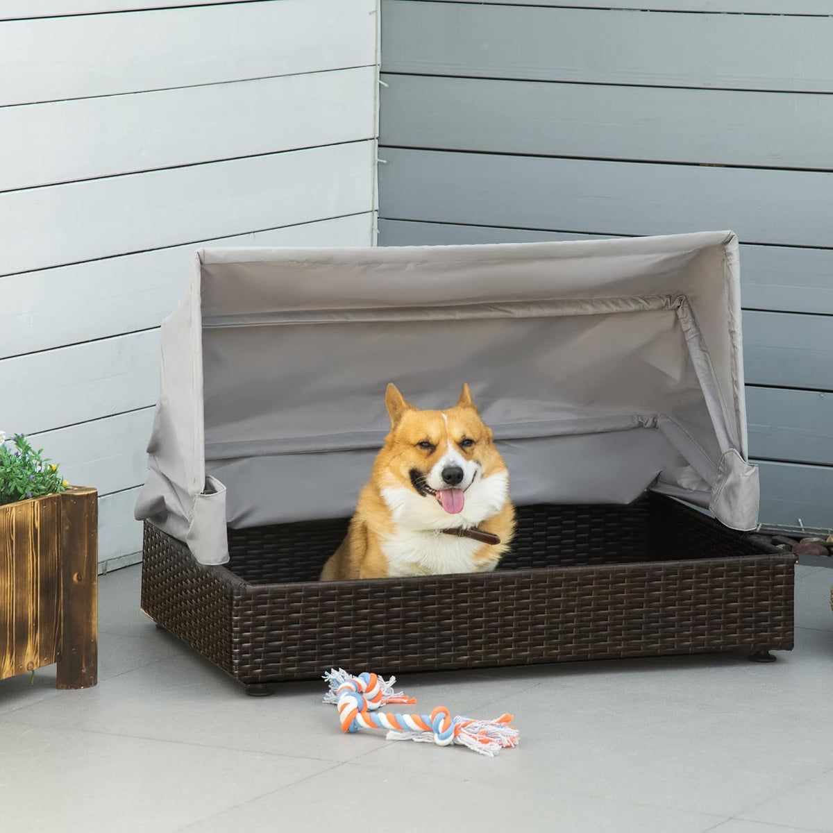 Elevated Rattan Pet Sofa with Waterproof Cushion V494137