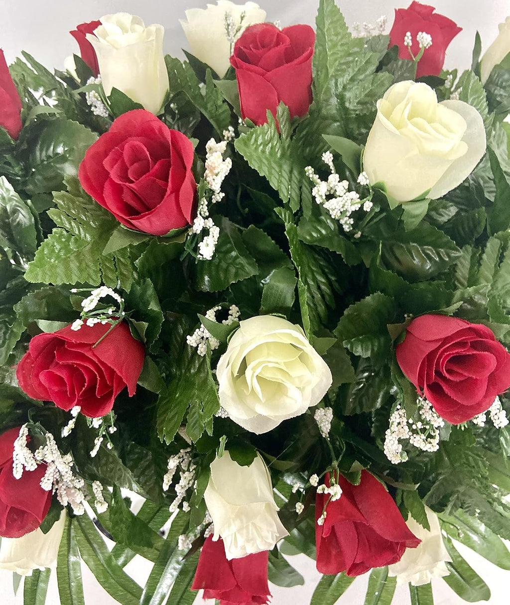 Red and Cream Roses Cemetery Headstone Saddle Flower Arrangement J8523