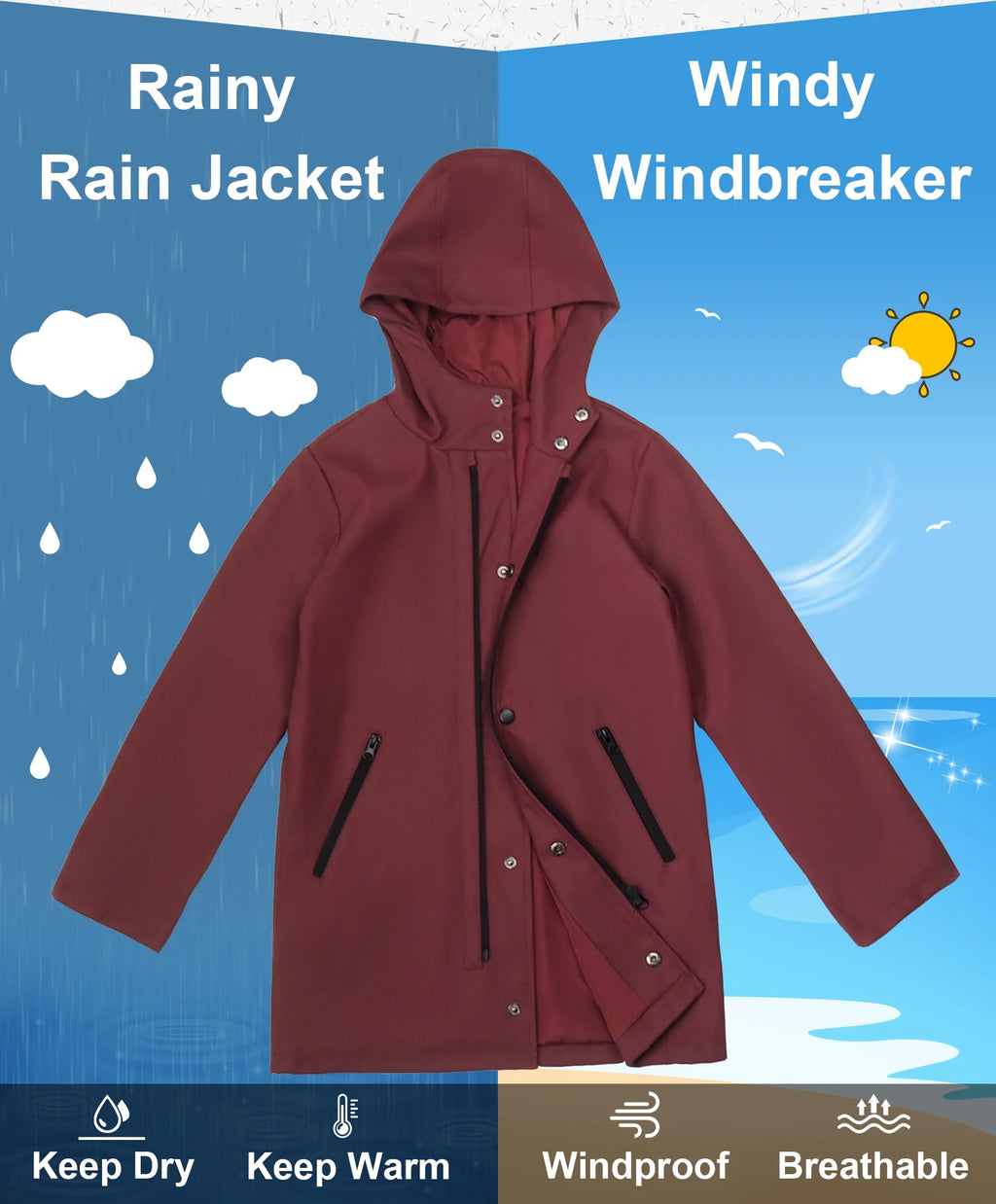 Boys Lightweight Waterproof Hooded Cotton Lined Rain Jacket H1666