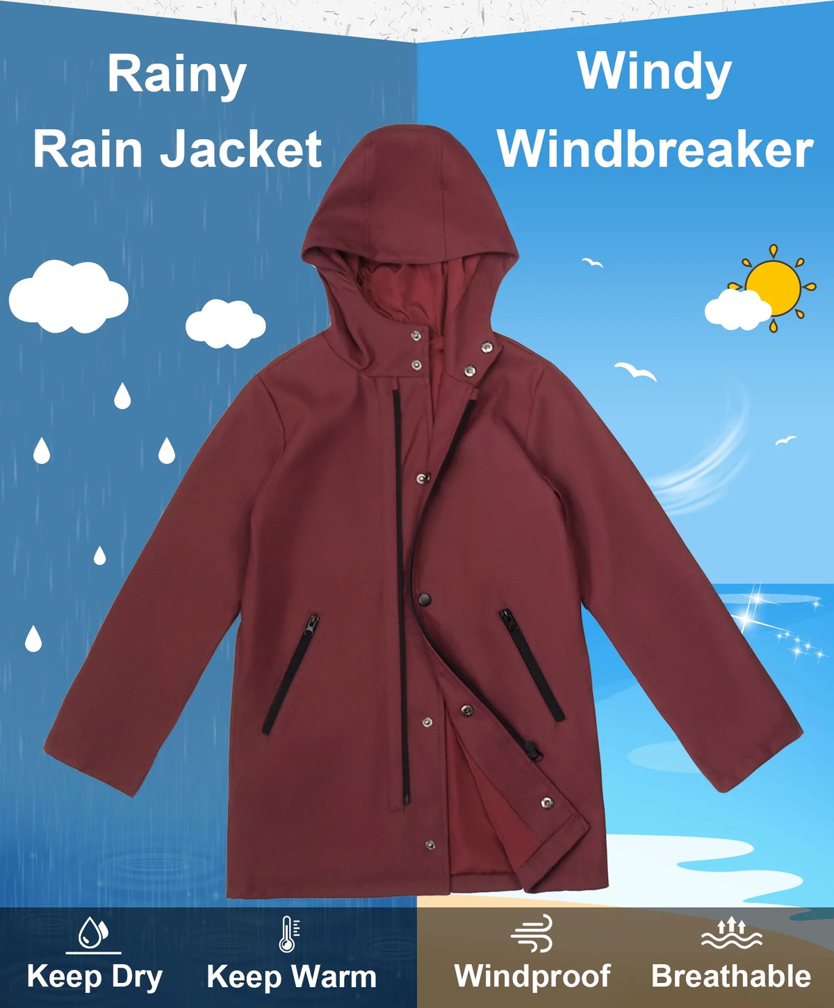 Boys Lightweight Waterproof Hooded Cotton Lined Rain Jacket H1666
