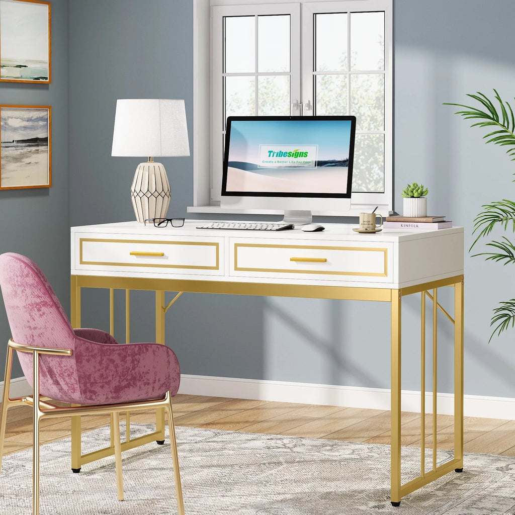 White and Gold Computer Writing Desk with 2 Drawers H636095