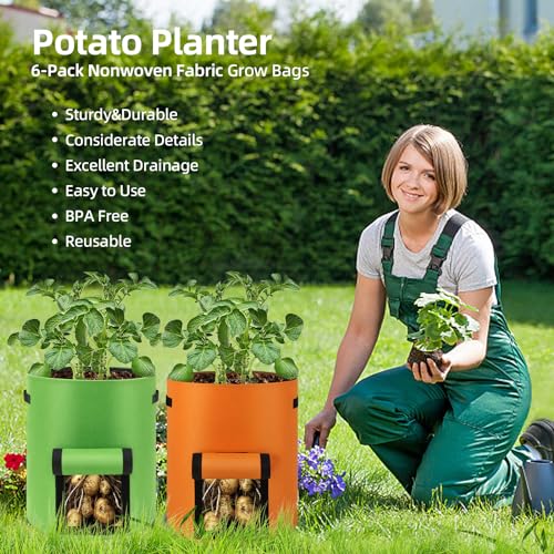 6-Pack 10 Gallon Nonwoven Fabric Grow Bags with Flap and Handles A487