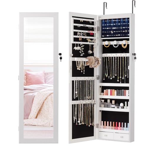 White 47.2-Inch Lockable Mirror Jewelry Cabinet J3575