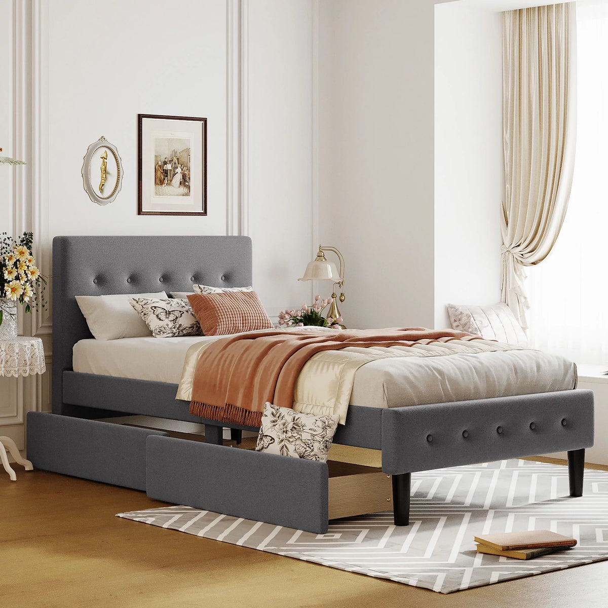 Twin Size Upholstered Platform Bed with 2 Storage Drawers O8852