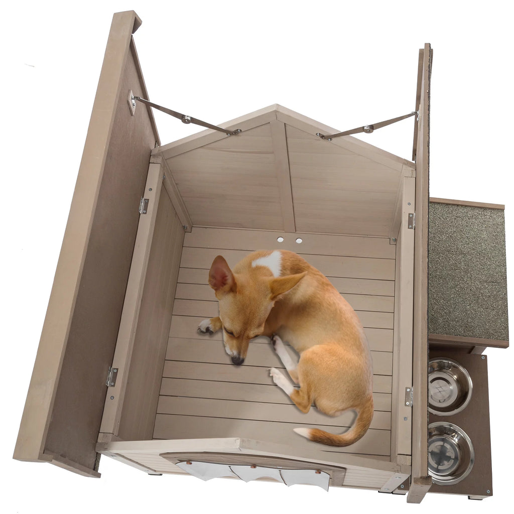 Outdoor Wood Dog House with Feeding Station and Storage Box Z89891